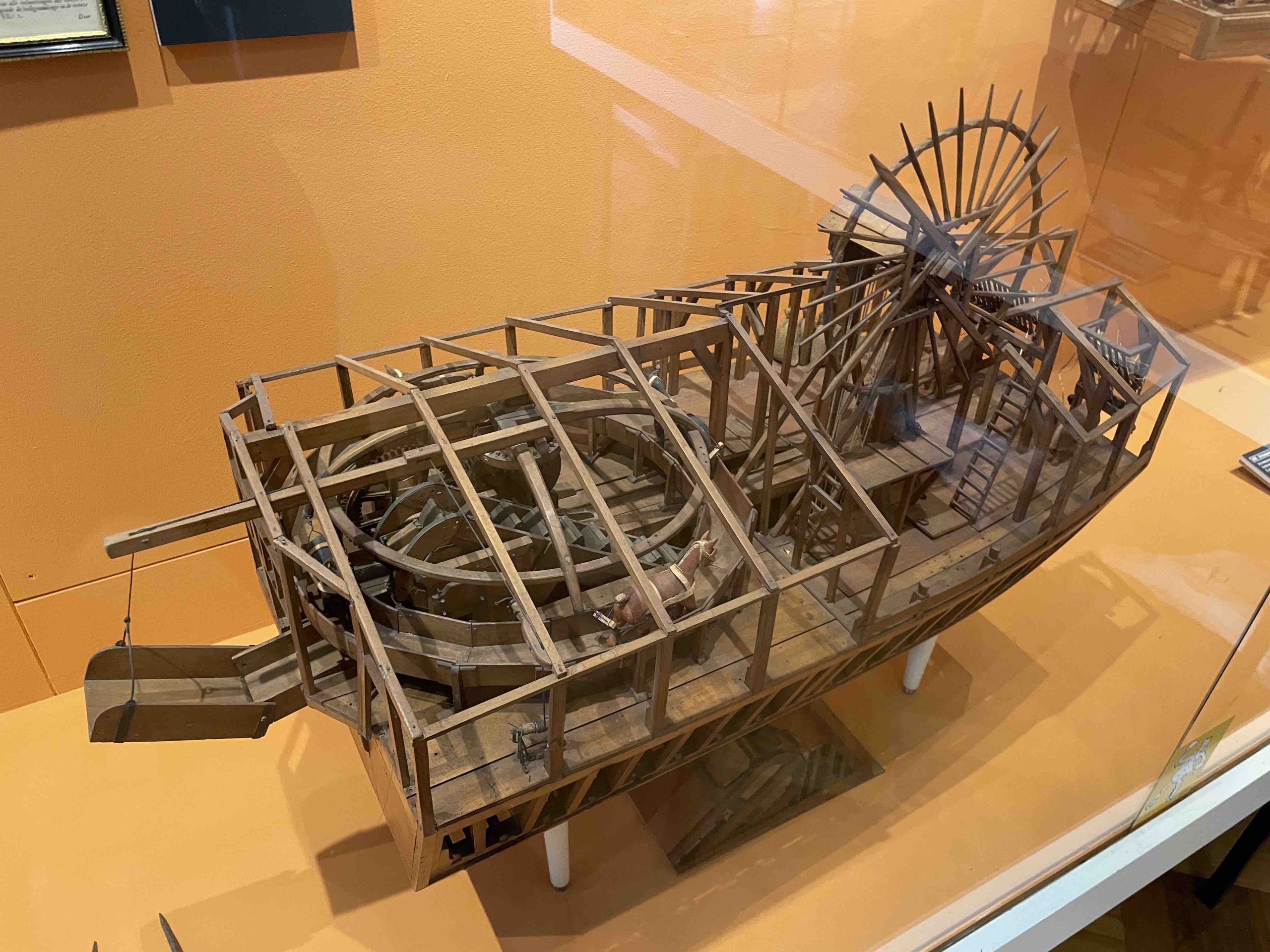 Early example of a horse-powered bucket dredge boat. Notice the horse pulling the bucket chain. Photo by Henrik Ernstson of collections at Nationaal Baggermuseum, Sliedrecht, The Netherlands, May 2022.